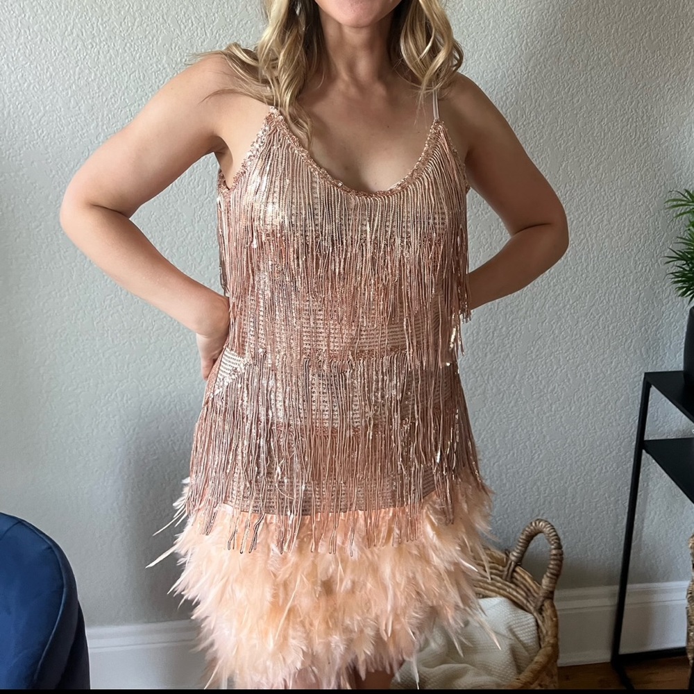 Blush Pink Sequin Mini Dress with Feather Fringe - Size M